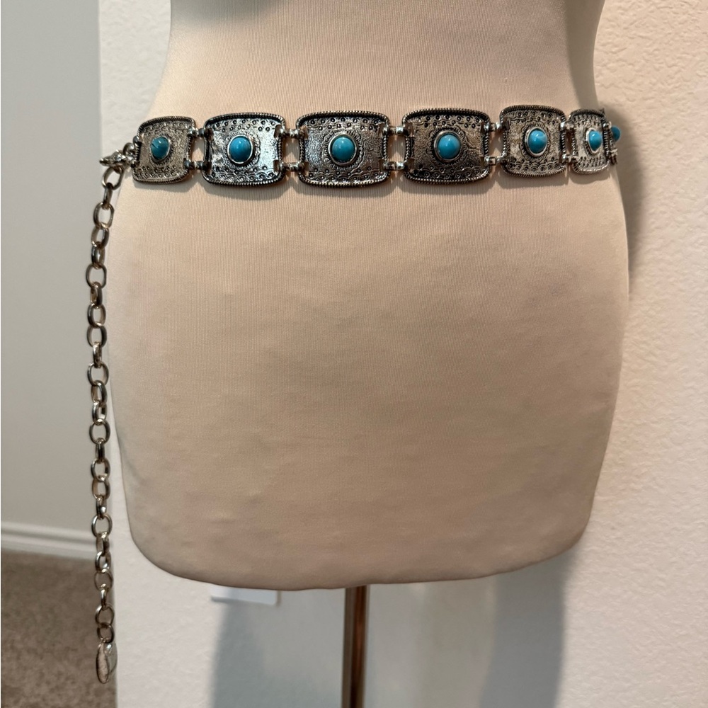 Vintage Silver and Turquoise Chain Belt